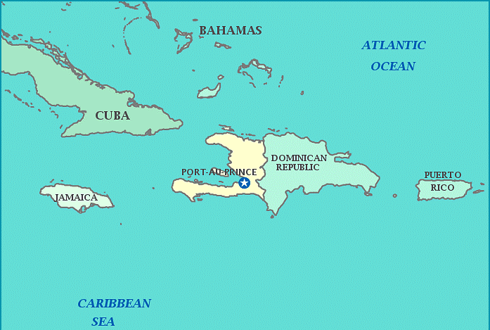 Cuba with Haiti and its capital Port-au-Prince directly to the southeast