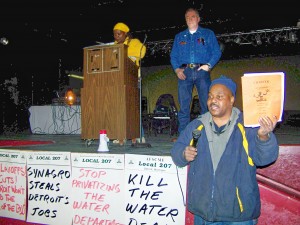 DWSD worker Andrew Daniels-El demands that the City Charter be respected at Call em' Out meeting Jan. 28, 2009. The Charter still says the people as a whole must vote on any giveaway or sale of Water Department or D-DOT assets. However, the City Council voted later to sell DWSD's massive Macomb County Interceptor.without a popular vote.