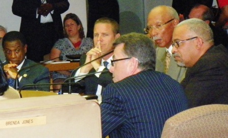 Michael McGee of Miller Canfield (front right in blue suit) advises PA4 CFO Jack Martin, since disappeared COO Chris Brown, and Mayor Dave Bing at Council meeting June 12, 2012.