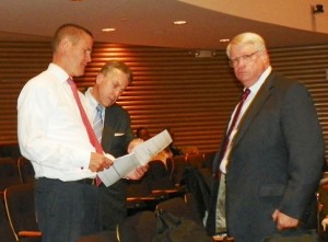 Atty. Michael McGee of Miller Canfield (center) plots out details of CET, imposed city contract, with (l) now disappeared COO Chris Brown and (r) PMD Kriss Andrews, before June 28, 2012 Financial Advisory Board meeting.