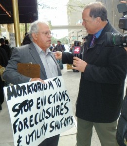 Jerry Goldberg of Moratorium NOW! coaition speaks to media at banks protest May 9, 2012.