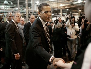 Pres. Barack Obama campaigns for auto bail-out at Chrysler Warren Stamping Plant.