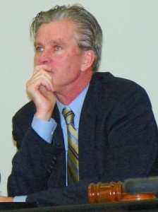 State Treasurer Andy Dillon looking frazzled at previous Financial Review Team meeting in March, 2012, during which the public shouted down its members. FRT meetings are now closed to the public.