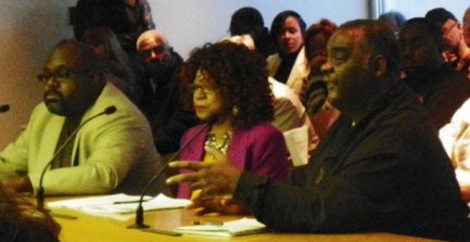 Al Garrett, Pres. AFSCME Co. 25, testifies against Consent Agreement April 2, 2012, saying unions already presented package to save Detroit money. To his right are Co. 25 rep. Mel Brabson and APTE Pres. Dempsey Addison.