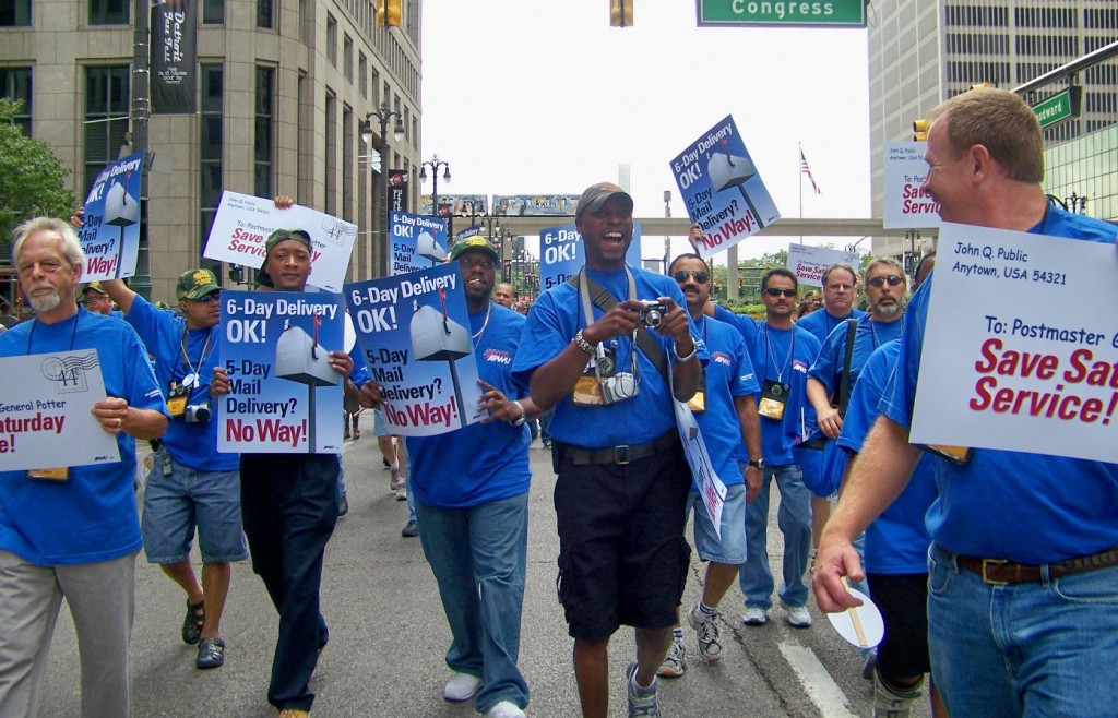 Postal workers protest in Detroit two years ago.