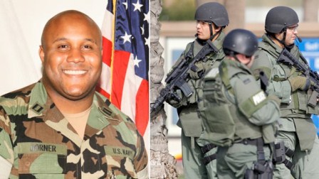 Former LAPD officer Christopher Dorner is shown with photo of police hunting him before he died.