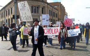 Rev. Edward Pinkney leads first march against PA 4 state takeover of Benton Harbor in 2011.