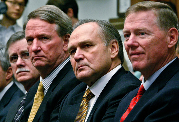 (L-R) UAW President Ron Gettelfinger, Chairman and CEO of General Motors Richard Wagoner, Chairman and CEO of Chrysler LLC Robert Nardelli and President and CEO of the Ford Motor Company Alan Mulally prepare to testify before the House Financial Services Committee on Capitol Hill November 19, 2008 in Washington, DC. The leaders of the "Big Three" Detroit automakers and the head of the union that represents their workers were on Capitol Hill to ask lawmakers for $25 billion to help them weather the recent financial crisis and "retool" for the future. Where's the bail-out for the people of Detroit?