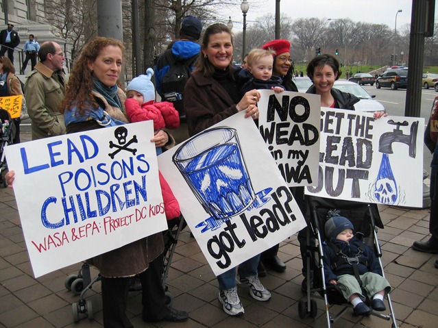 Parents and children protest lead contamination in DC Water in 2004.