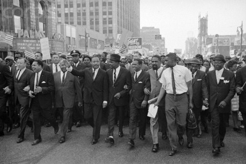 Dr. Martin Luther King leads freedom march in Detroit, 1963. It was the first time he gave his "I Have a Dream" speech.