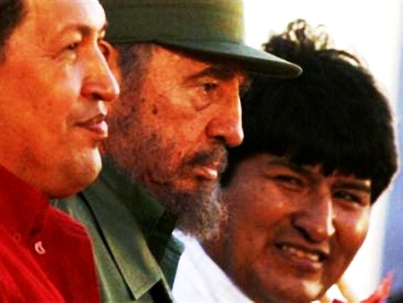 Latin American socialist leaders (l to r) Hugo Chavez of Venezuela, Fidel Castro of Cuba, and Evo Morales of Bolivia.