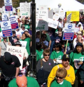 Detroit AFSCME workers in green shirts flooded April 13, 2011 Lansing rally against PA 4.