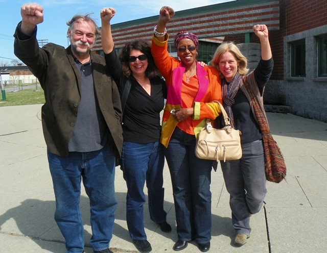 (L to r) Rev. Bill Wylie-Kellerman, and Elena Herrada, both arrested at City Council April 16, 2013, with supporters, after their release from the Northeast District Police station.. Councilwoman JoAnn Watson and several attorneys intervened to have them released on personal bond. Their misdemeanor charges will be heard Wed. May 1, 2013 at 36th District Court, 8:30 a.m. They pledged to continue the battle against the bankers' takeover of Detroit.