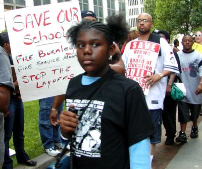 Protest against DPS state-appointed CEO Kenneth Burnley June 16, 2005. Student Sasha Alford at front.