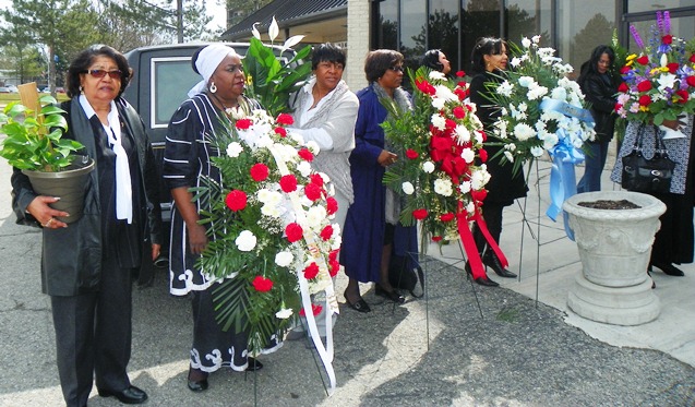 Flower bearers including (l to r), retired AFSCME Local Pres. Elmira Willis, Councilwoman JoAnn Watson, and AFSCME D-DOT Local 214 President June Nickelberry outside church. Councilwoman JoAnn Watson outside church.