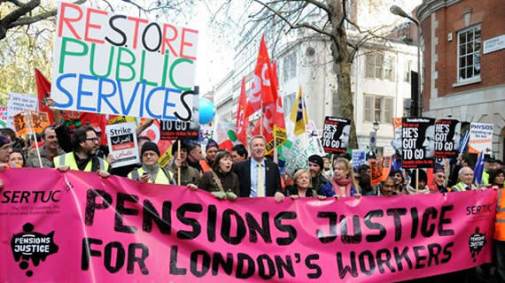 Protest in London against cuts in pensions and public services.