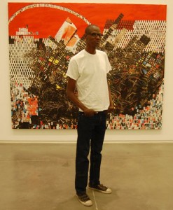 Artist Mark Bradford with his mural, "Scorched Earth."