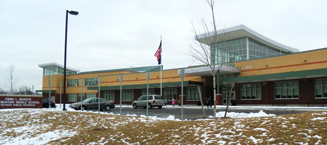 Munger High School, front, during meeting March 1, 2013. Walkways into school were also covered with ice and unsafe.