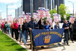 In Detroit in 2010, city workers including police and fire held large protest against Bing's attempt to take over their pensions systems.