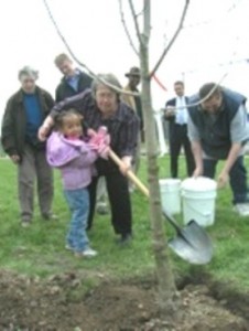 Sheila Crowell and community group planting tree on Dingeman Playfield several years ago. Their community plan for the playground was destroyed by bureacrats; they lost over $508,000 in funding.