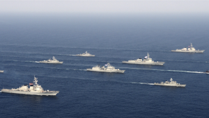 U.S. and South Korean navy vessels in war exercises off the coast of Korea, March 18, 2013.