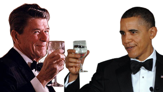 The late President Ronald Reagan and current U.S. President Barack Obama. Photo montage: courtesy of The Black Agenda Report