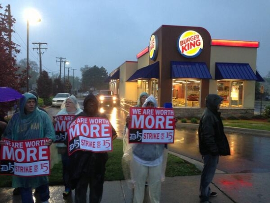 Workers walk out at Detroit Burger King May 10, 2013.