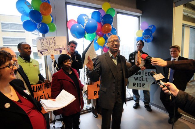 Detroit City Council President Charles Pugh addresses the RTA supporters crowd in the Southeast Michigan Council of Governments (SEMCOG) office in 1001 Woodward. Transportation Riders United and regional transit supporters held a march, from Rosa Park Transit Center to the SEMCOG offices in 1001 Woodward, and birthday party including balloons and cake for the first meeting of the Regional Transit Authority with its county representatives. (Tanya Moutzalias | MLive.com)  Now the City Council and Detroit's Mayor Dave Bing want to sue to stop reduction in D-D-DOT funding, but EM Kevyn Orr is not in favor of doing so. 