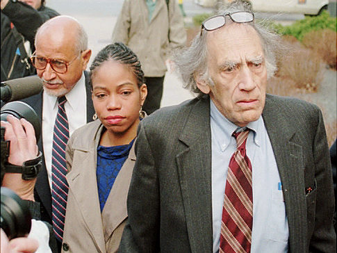 Attorney William Kunstler, right, escorts Qubilah Shabazz to the Minneapolis Federal Building Monday morning, May 1, 1995,  where a settlement was reached in the murder-for-hire case against Shabazz, a daughter of the late Malcolm X. Shabazz was scheduled to go on trial Monday on charges of plotting to kill  Nation of Islam leader Louis Farrakhan. At left is family attorney Percy Sutton. (AP Photo/Jim Mone)  The charges were later exposed as an FBI frame-up and Ms. Shabazz was acquitted.