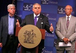 Michigan Gov. Rick Snyder, U.S. Transportation Secretary Ray LaHood, and Mayor Dave Bing in Detroit Oct. 12, 2012.