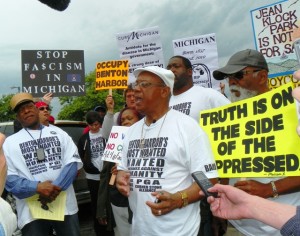 Rev. Edward Pinkney speaks to rally against EM and Whirlpool takeover of Benton Harbor, during protest against the PGA tournament May 26, 2012.