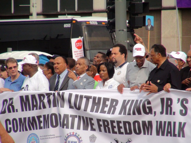 Organizers of march included (l to r) UAW Pres. Bob King, Rev. Wendell Anthony, Martin Luther King III, Rev. Al Sharpton. Mayor Dave Bing is seen at right.