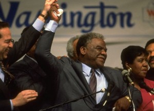 Chicago's first Black mayor, the late Harold Washington, declares victory.