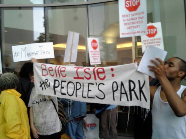 Protest outside Orr's meeting with the "public" June 10. Orr said he plans to lease Belle Isle to the state. BELLE ISLE BELONGS TO THE PEOPLE!