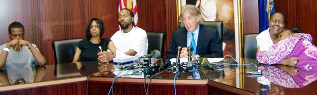 Aiyana's family members during Fieger press conference May 18, 2010. L to r, Mark Robinson, Dominika Stanley, Charles Jones, Fieger, Mertilla Jones and LaKrystal Sanders.