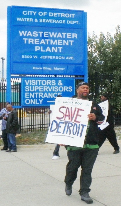 Workers at Detroit's sewage treatment plant struck in Sept. 2012 to make the bankers, not the workers, pay for Detroit debt crisis. DWSD debt results in part from predatory lending and swap deals.