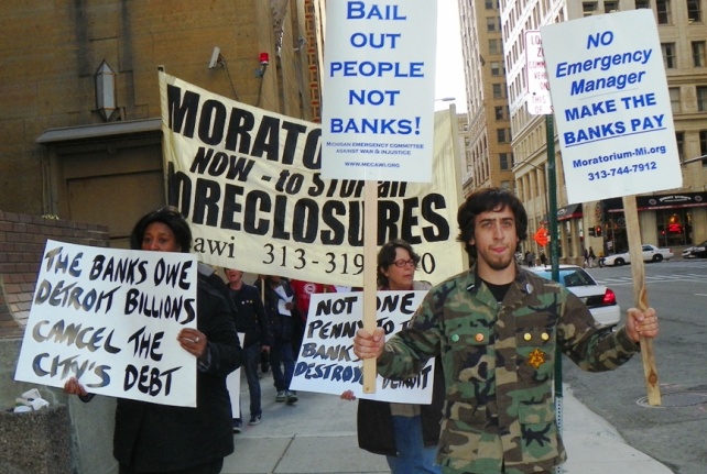 Moratorium NOW demands cancellation of Detrot debt to the banks May 9, 2012 after protesting at BOA.