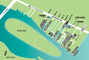 Detroit River Race Regatta map shows areas that will be open only to ticket-holders, including public Erma Henderson and Waterworks Parks.