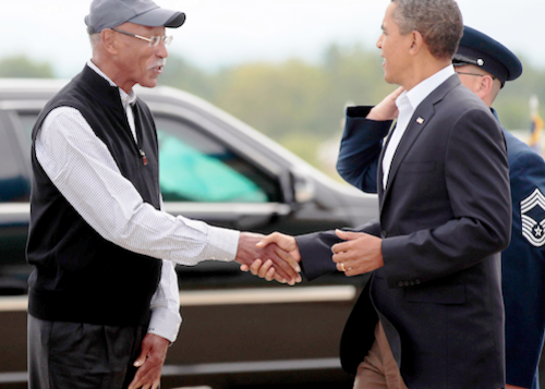 Detroit Mayor Dave Bing greets U.S. President Barack Obama.