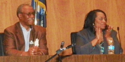 Mayoral candidates Tom Barrow and Krystal Crittendon at rally against appointment of Emergency Manager for Detroit..