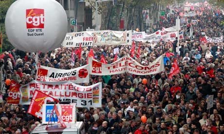 Mass protest in France against pension cuts.