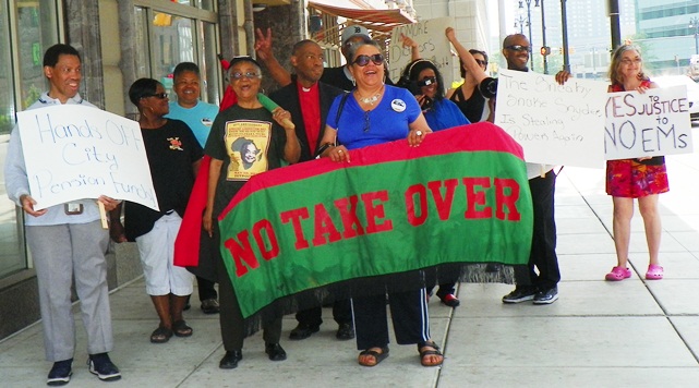 July 4 -- Protesters at EM Kevyn Orr's residence, the Westin Book Cadillac, demand independence for Detroit, end to Orr, Roy Roberts dictatorships.