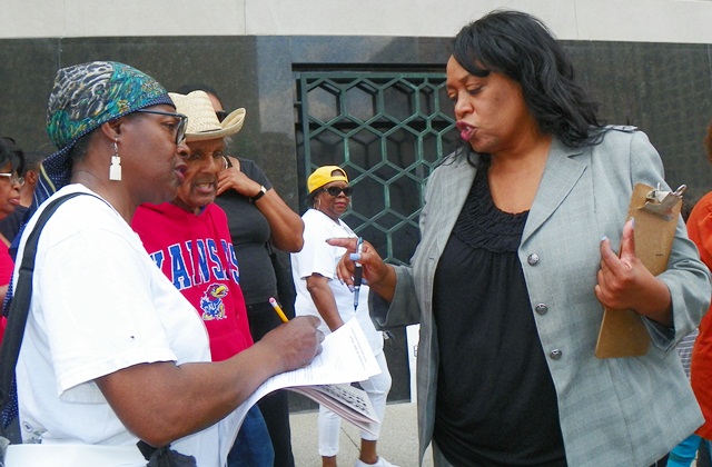 Former Detroit Corporation Counsel and mayoral candidate Krystal Crittendon distributed objections to bankruptcy for protesters to submit Aug. 19. The objections insist that lawsuits against constitutionality of the Emergency Manager law, PA 436, be heard prior to continue of bankruptcy proceedings.