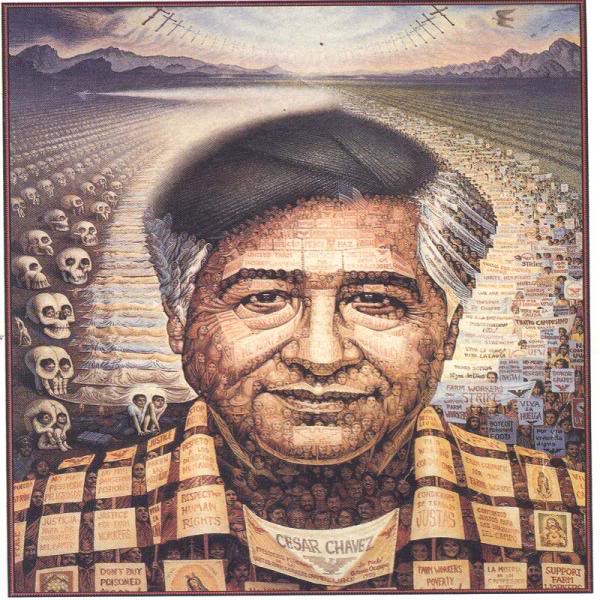 Painting of Cesar Chavez depicts farmworkers who have died due to barbarous working conditions.
