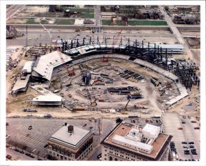 Comerica Park under construction. City of Detroit taxpayers anted up $40 million, along with state and county funds, to Mike Illtich to build the stadium.