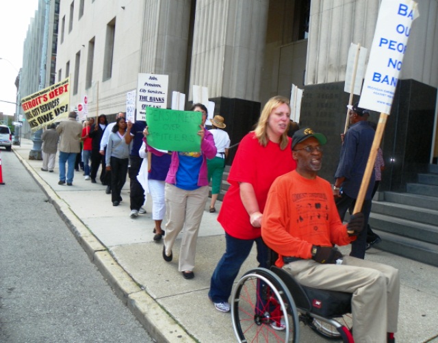 Protest outside federal courthouse during bankruptcy hearing Aug. 2, 2013