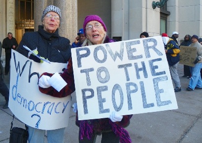 Protesters at rally against EM law March 14, 2013 demand "Power to the People."