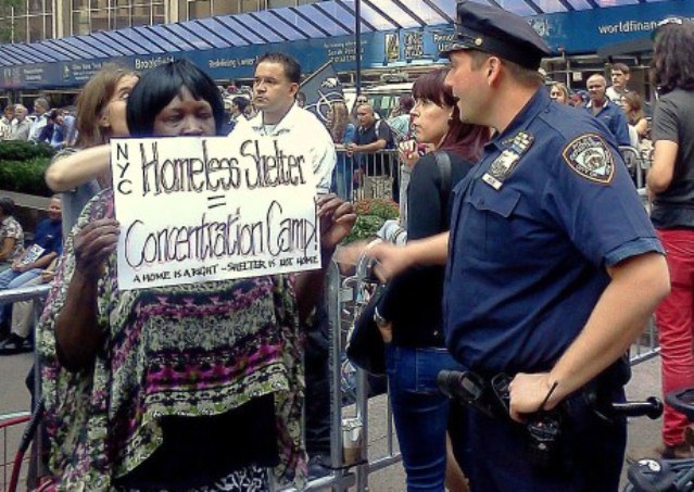 Homeless woman protests shelters in NYC.