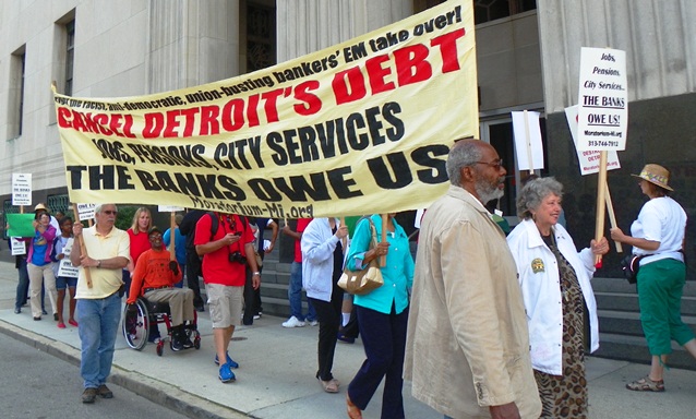 Protesters outside bankruptcy court in Detroit.