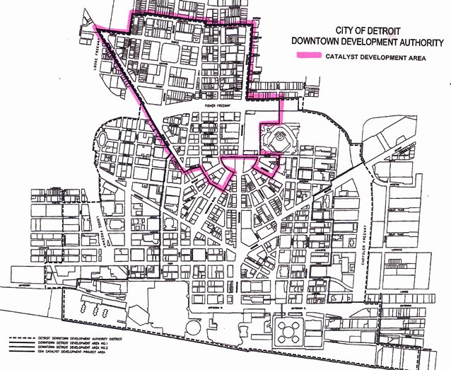 MAP OF PROPOSED EXPANSION OF DDA DISTRICT (ALL AREA N. OF I-75), WITH ILLITCH PROJECT AREA OUTLINED IN PURPLE. HOCKEY ARENA WOULD BE W. OF WOODWARD, S. OF TEMPLE, EAST OF CASS, N. OF 1-75.